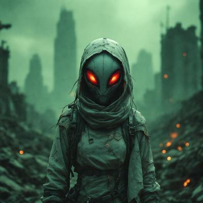 The primary subject of the image is a woman wearing a hooded outfit, which appears to be a futuristic or cyberpunk-inspired design. She is standing in a post-apocalyptic setting, surrounded by rubble and ruins. The visual style of the image is a combination of photo and digital art, creating a unique and intriguing atmosphere. The colors in the image are predominantly dark and muted, with the woman's outfit being the main source of contrast and